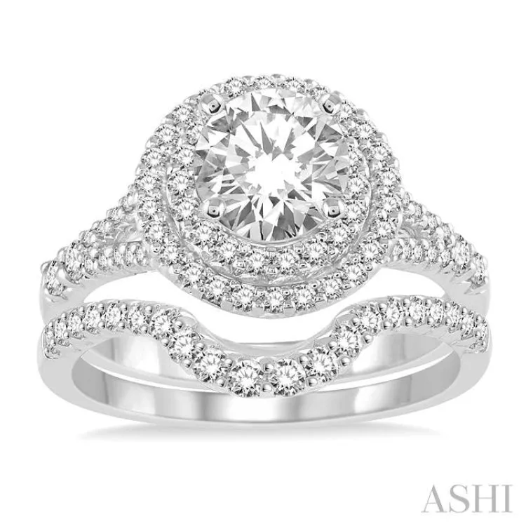 1 1/6 Ctw Diamond Bridal Set with 1 Ctw Round Cut Engagement Ring and 1/6 Ctw Wedding Band in 14K White Gold