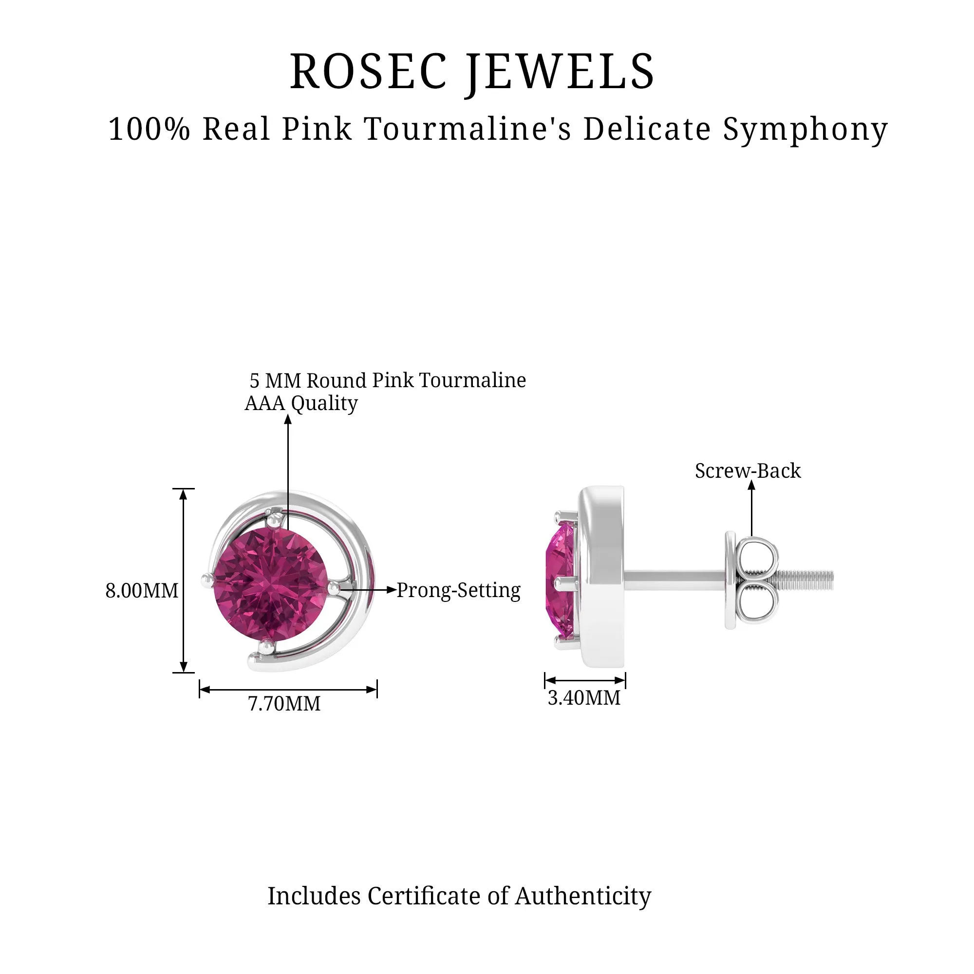 1 CT Simple Pink Tourmaline Solitaire Stud Earrings