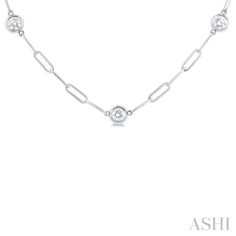 1 ctw Bezel Set Round Cut Diamond Paper Clip Station Necklace in 14K White Gold