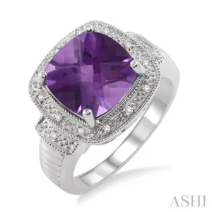 10x10  MM Cushion Shape Amethyst and 1/20 ctw Single Cut Diamond Ring in Sterling Silver