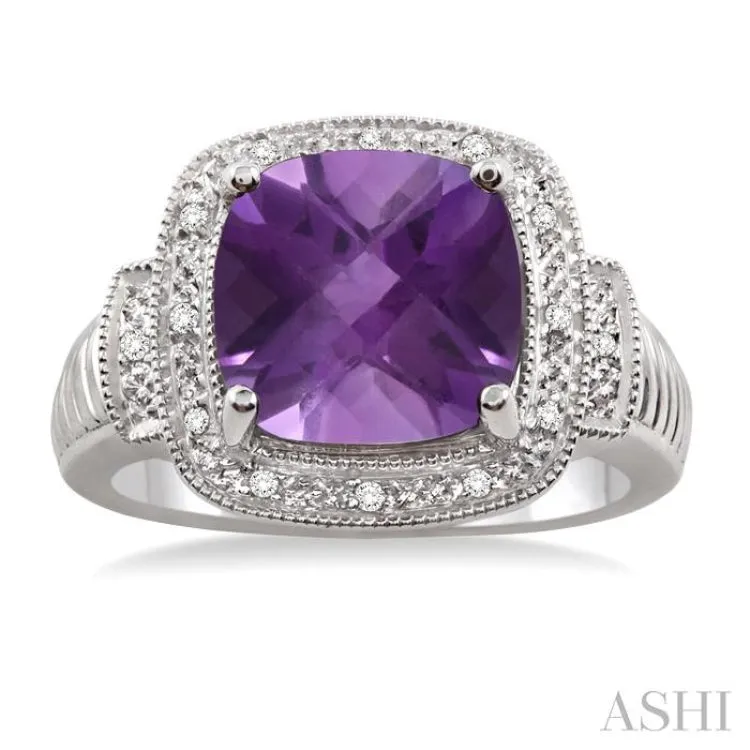 10x10  MM Cushion Shape Amethyst and 1/20 ctw Single Cut Diamond Ring in Sterling Silver