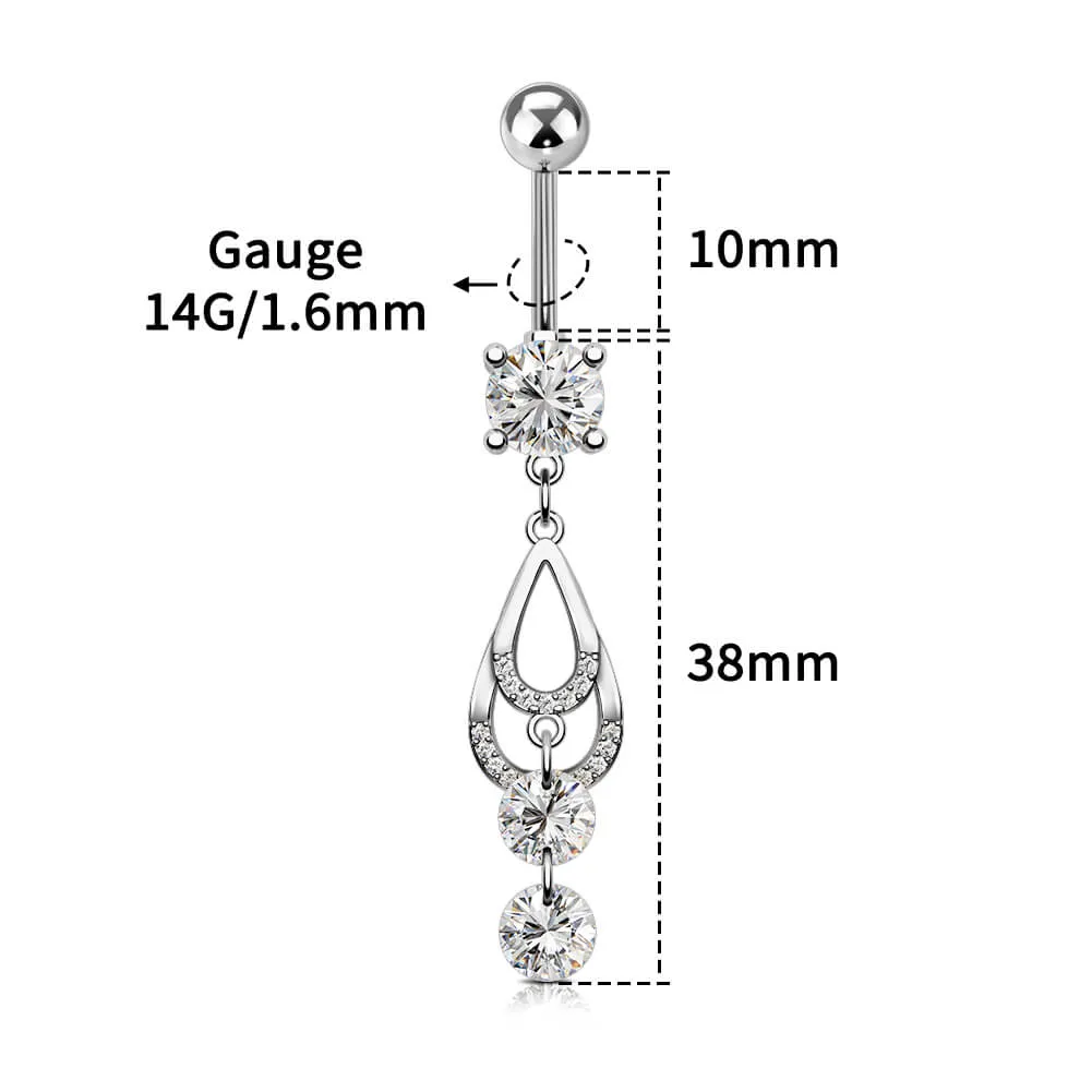 14G Double Water Drop Dangle Clear Round CZ Belly Button Ring