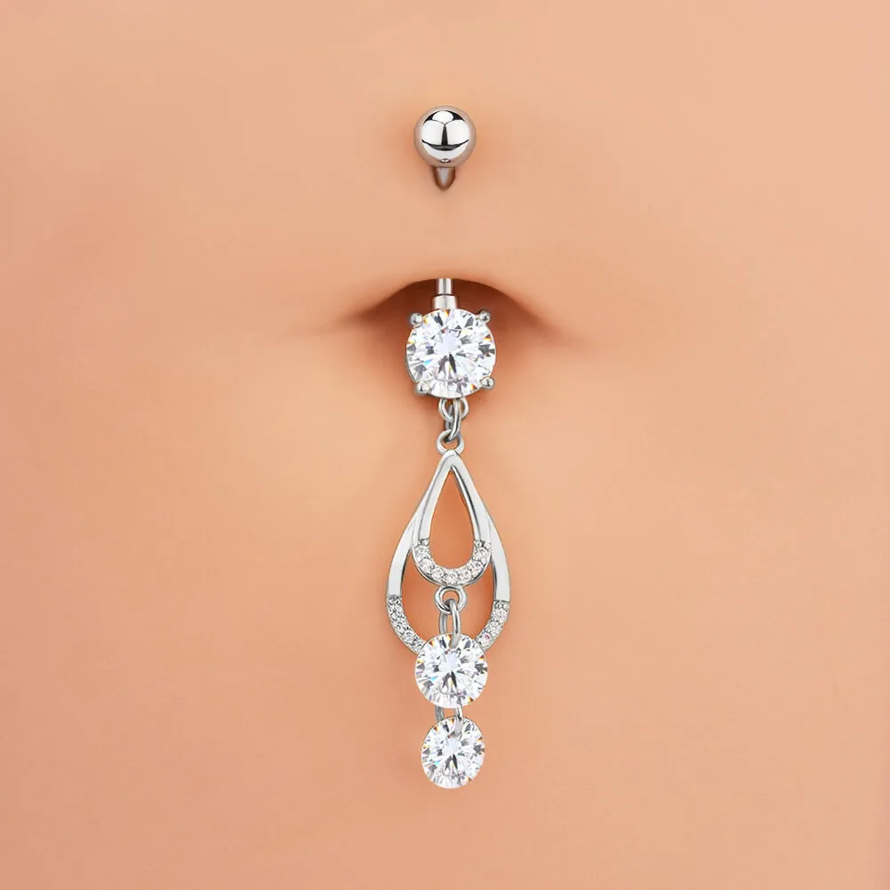 14G Double Water Drop Dangle Clear Round CZ Belly Button Ring