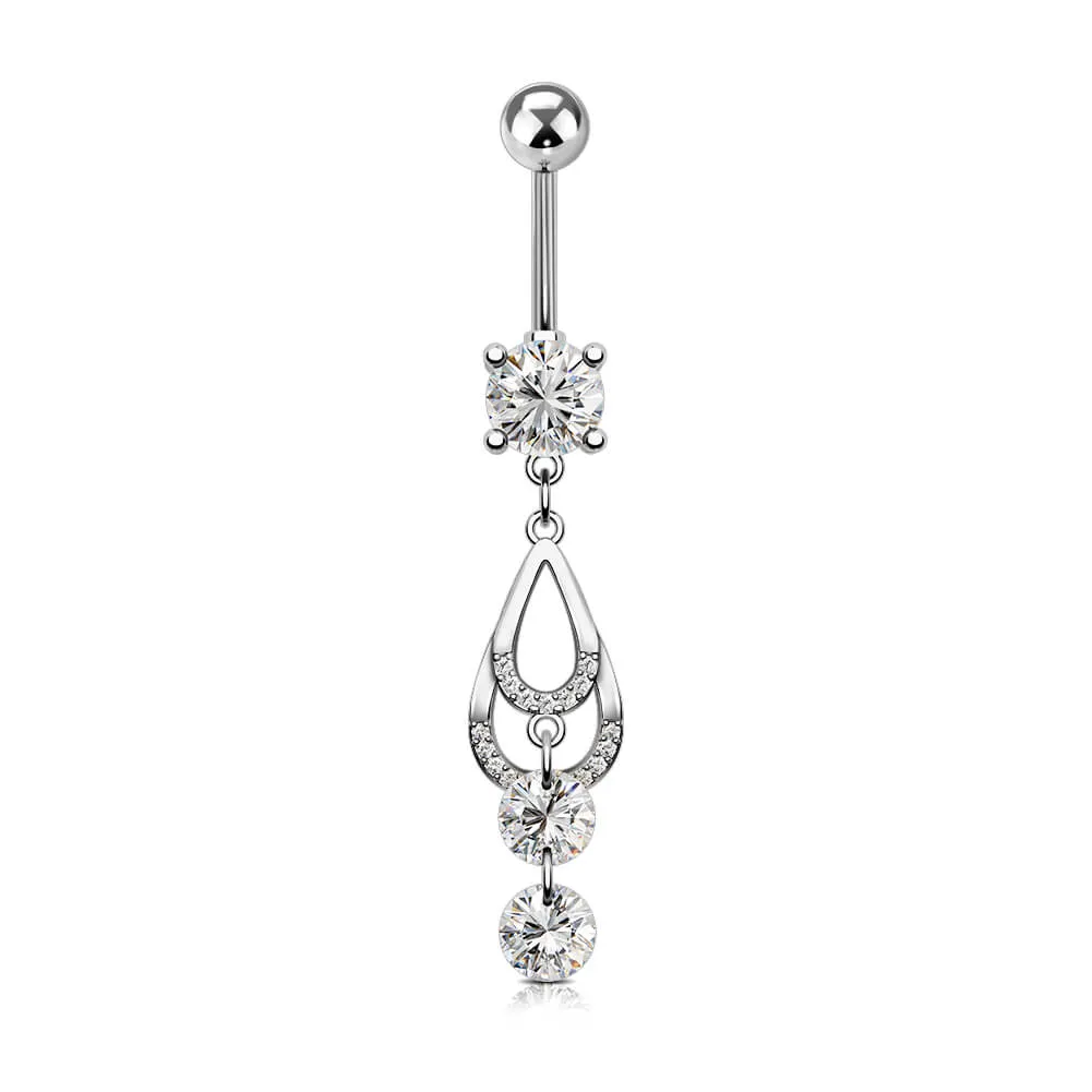 14G Double Water Drop Dangle Clear Round CZ Belly Button Ring