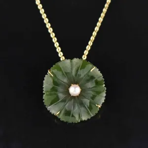 14K Gold Pearl & Carved Jade Flower Pendant Brooch