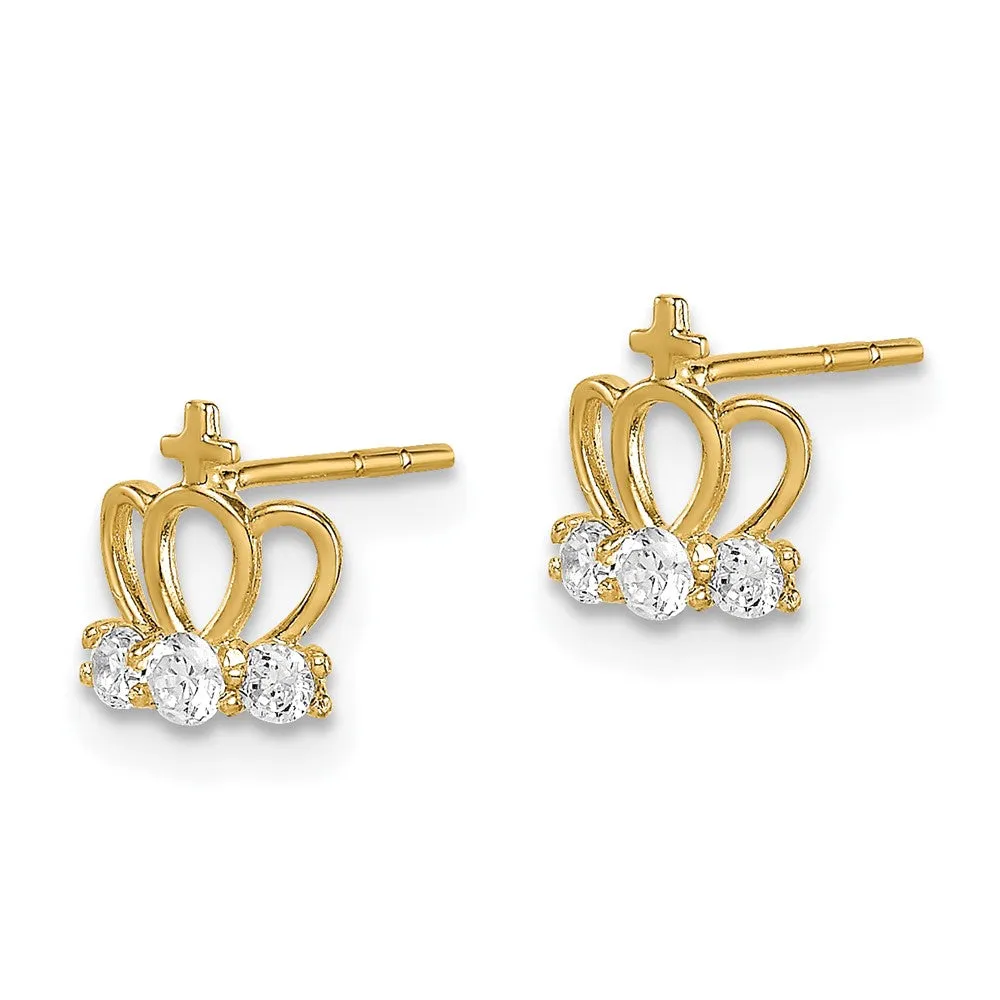 14KT Yellow Gold Cubic Zirconia Stud Tiara Crown Earrings