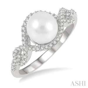 1/5 Ctw Twisted Open Lattice 7 MM Cultured Pearl and Round Cut Diamond Ring in 10K White Gold