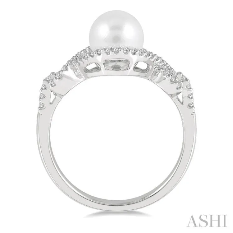 1/5 Ctw Twisted Open Lattice 7MM Cultured Pearl and Round Cut Diamond Ring in 10K White Gold