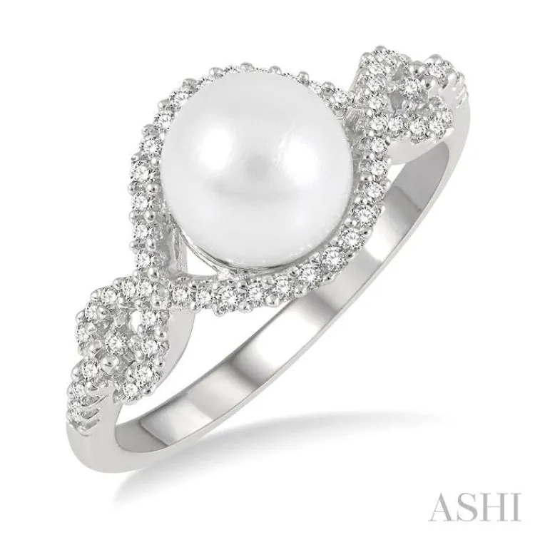 1/5 Ctw Twisted Open Lattice 7MM Cultured Pearl and Round Cut Diamond Ring in 10K White Gold