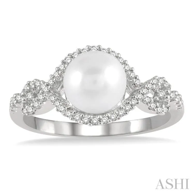 1/5 Ctw Twisted Open Lattice 7MM Cultured Pearl and Round Cut Diamond Ring in 10K White Gold