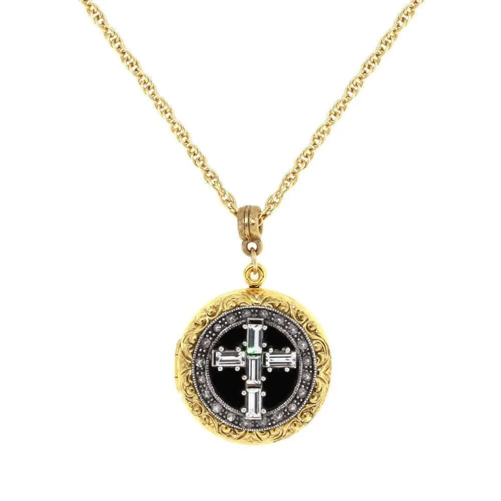 1928 Jewelry Enamel & Baguette Crystal Cross Locket Necklace 16"   3" Extender