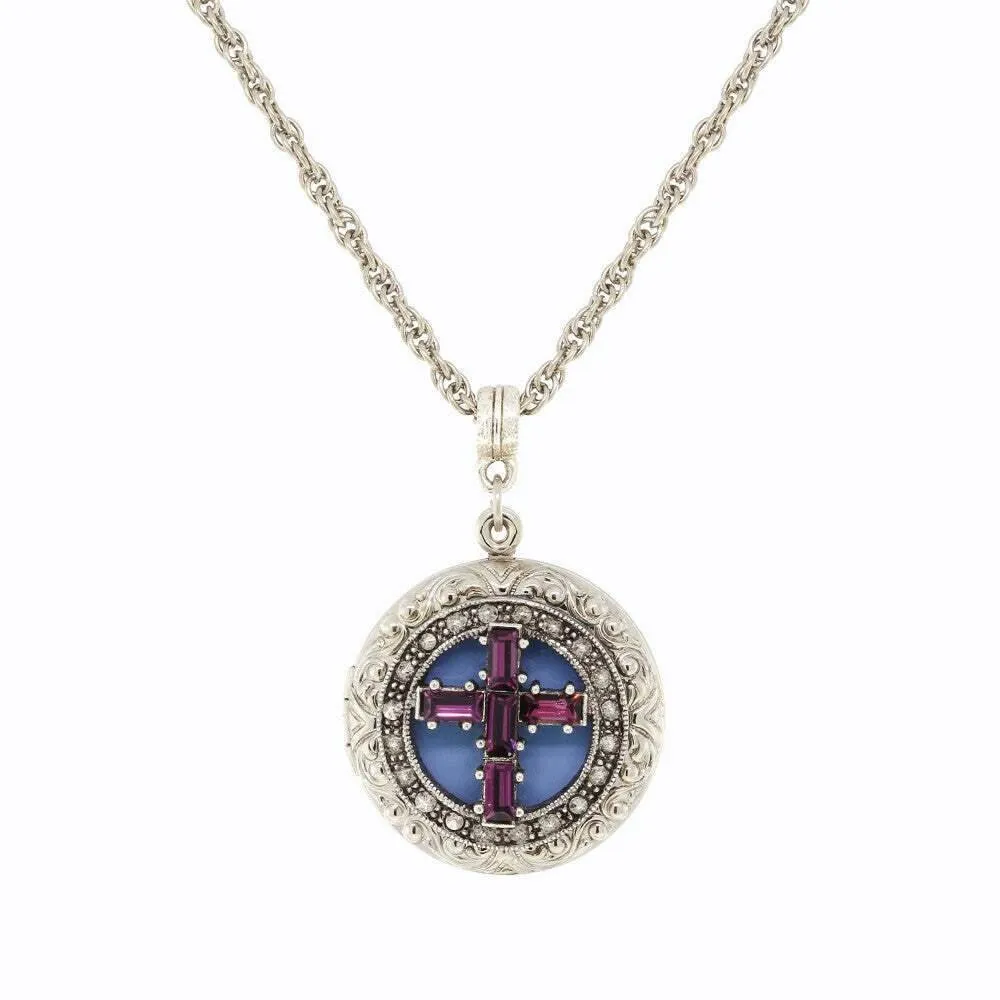 1928 Jewelry Enamel & Baguette Crystal Cross Locket Necklace 16"   3" Extender