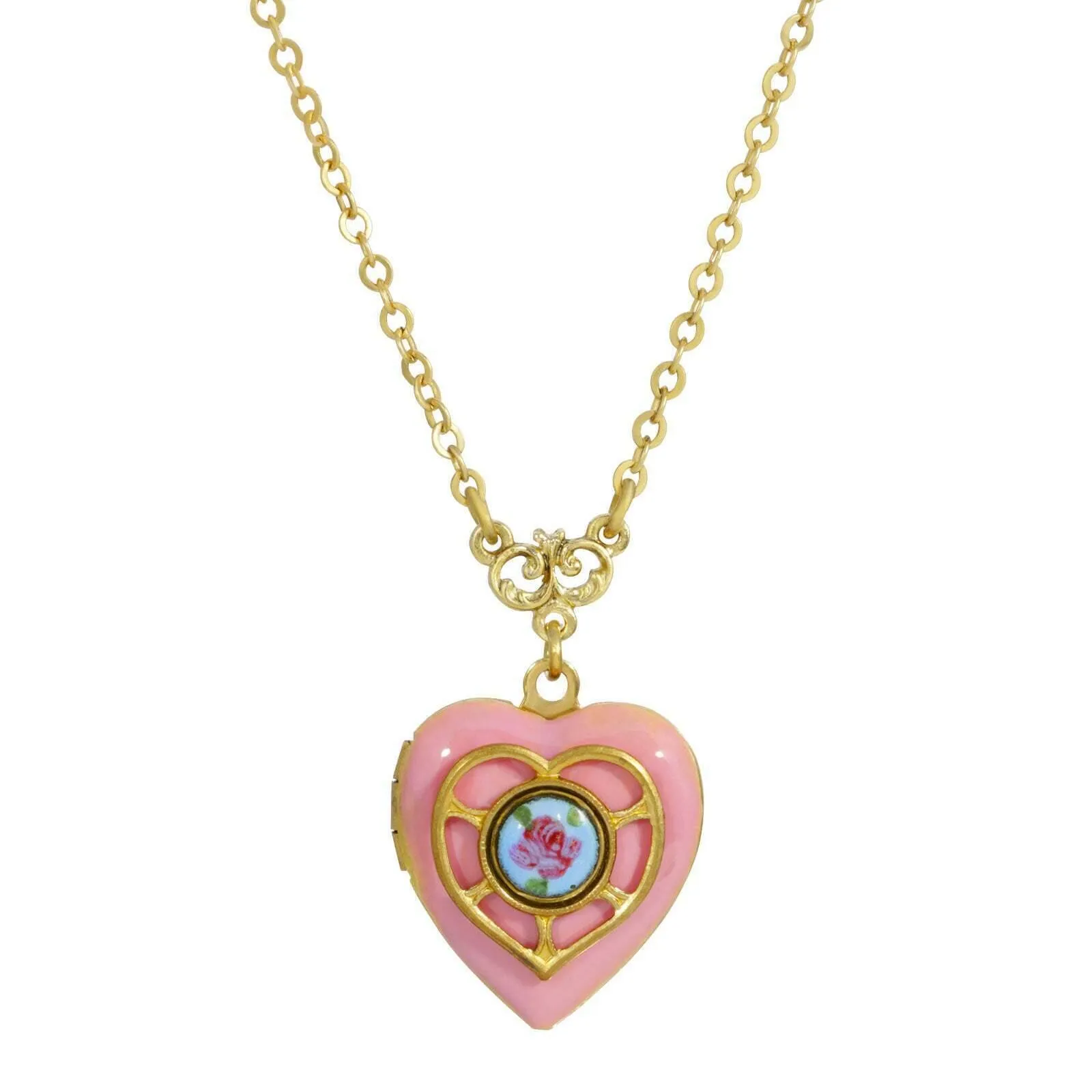 1928 Jewelry Heart Picture Locket Pink Rose Necklace 16"   3" Extender