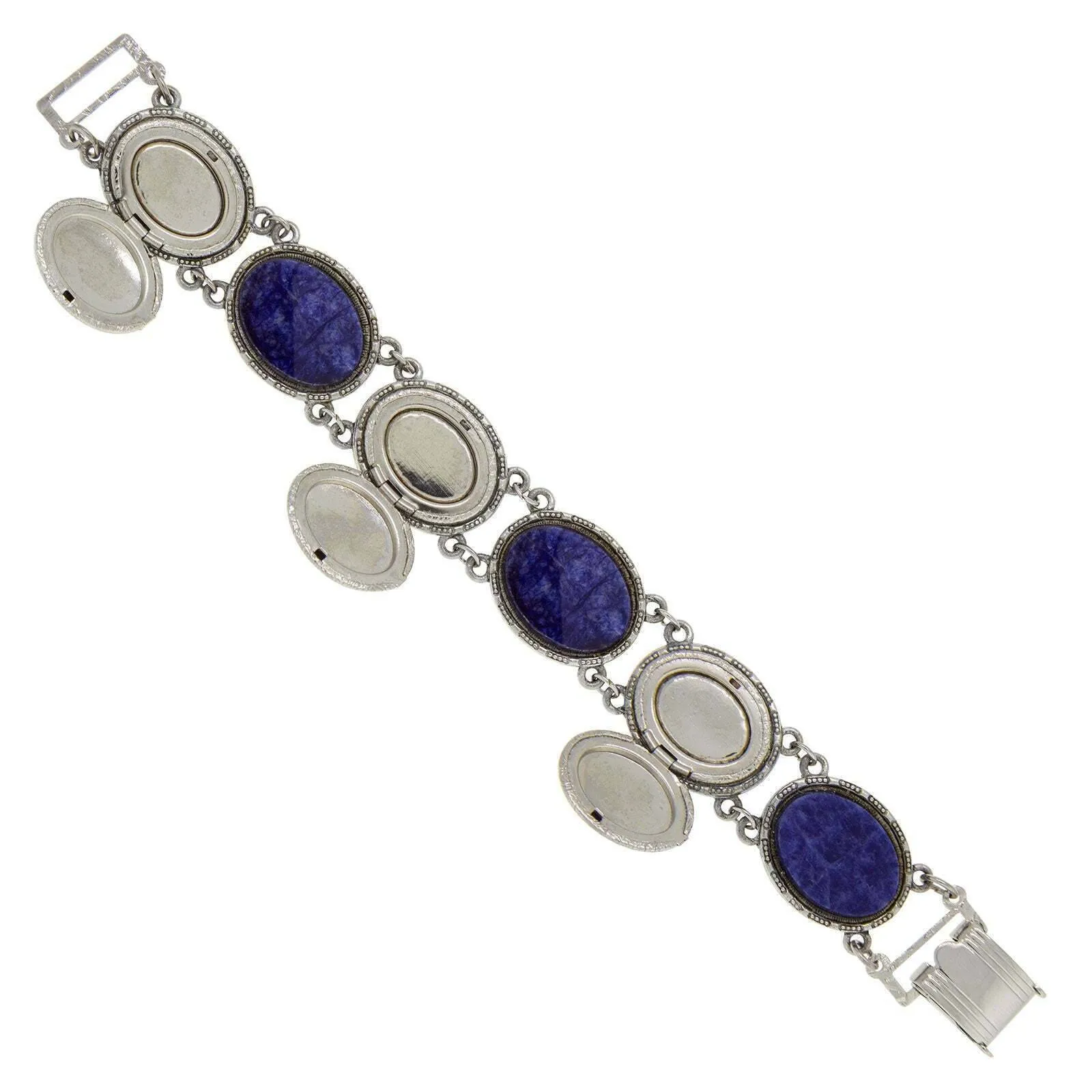 1928 Jewelry Oval Blue Sodalite Gemstone & Lockets Link Bracelet