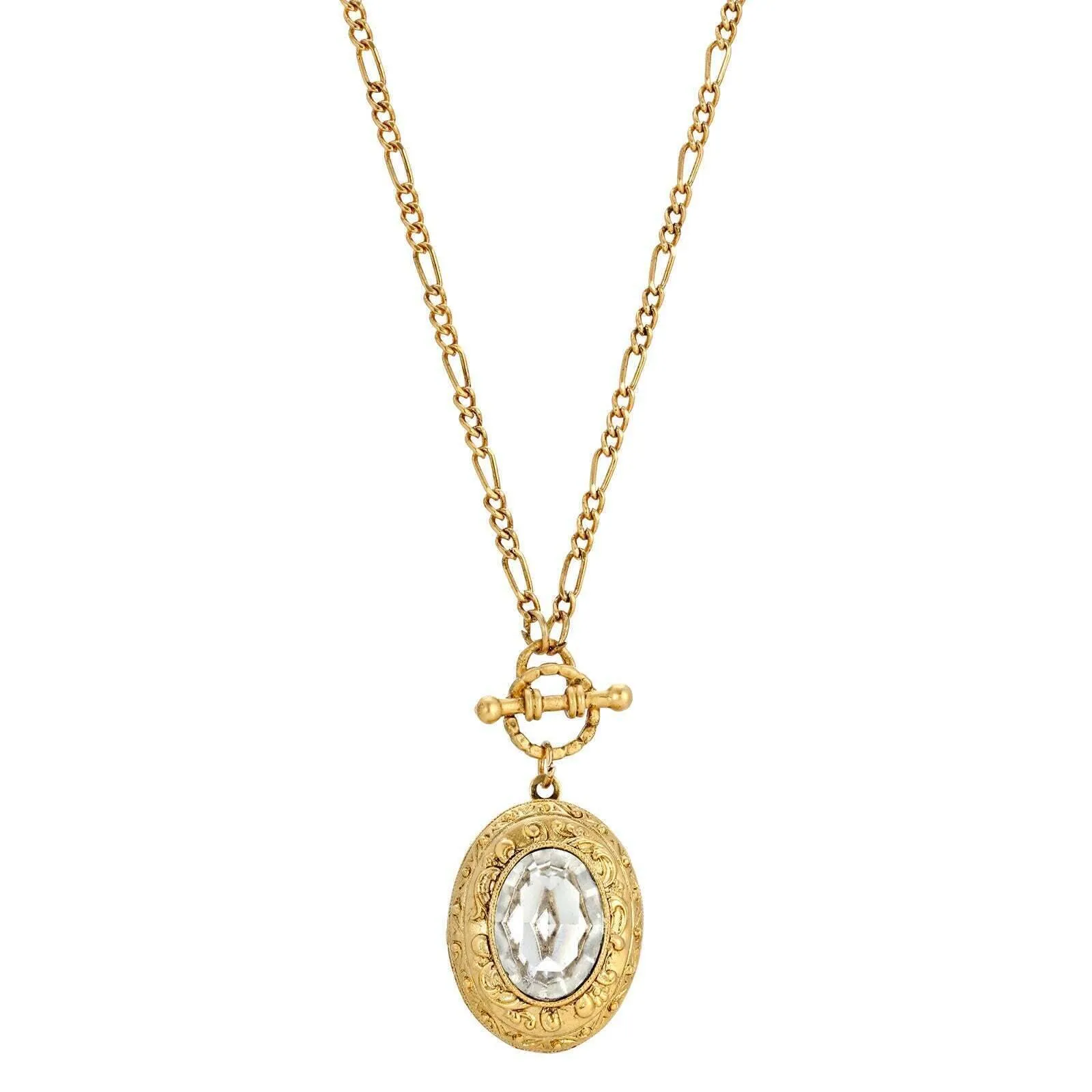 1928 Jewelry Oval Crystal Filigree Double Locket Necklace 30"