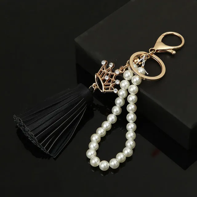 2017 Camellia Leather Tassels Keychain Bag Pendant Car Ornaments Creative Gifts Long Key Chain Buckle Key Ring 11 Colors