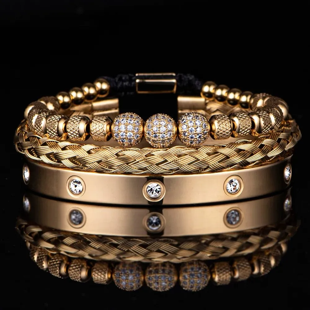 3pcs Luxury Micro Pave CZ Round Beads Royal Charm Men Bracelets Stainless Steel Crystals Bangles