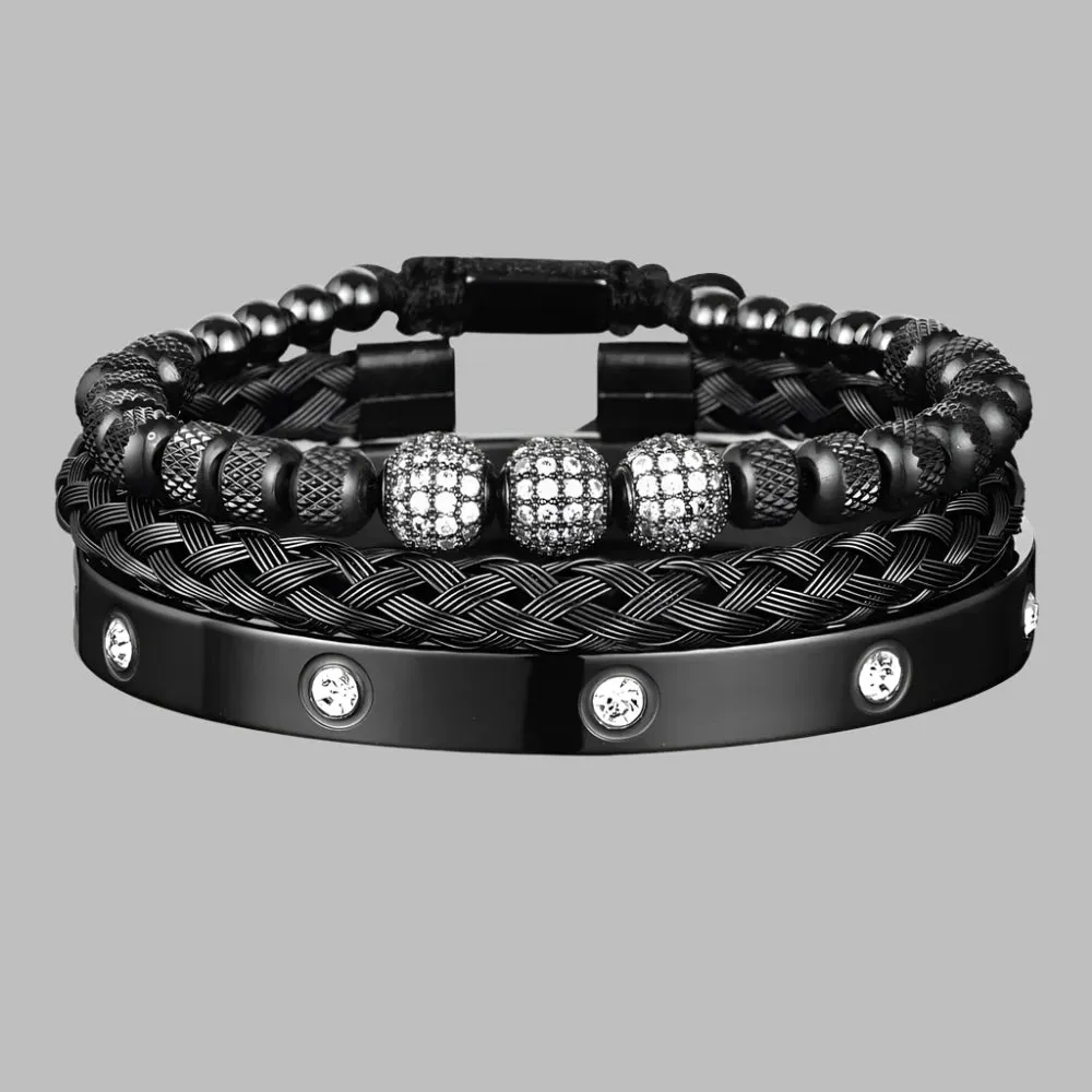 3pcs Luxury Micro Pave CZ Round Beads Royal Charm Men Bracelets Stainless Steel Crystals Bangles