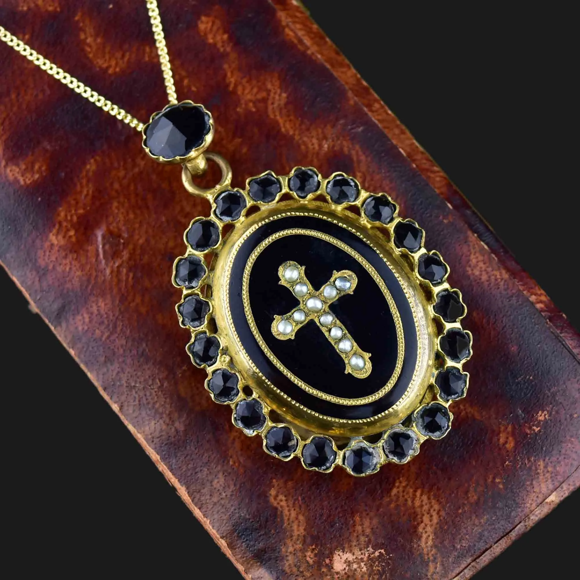 Antique Victorian Carved Whitby Jet Seed Pearl Cross Locket