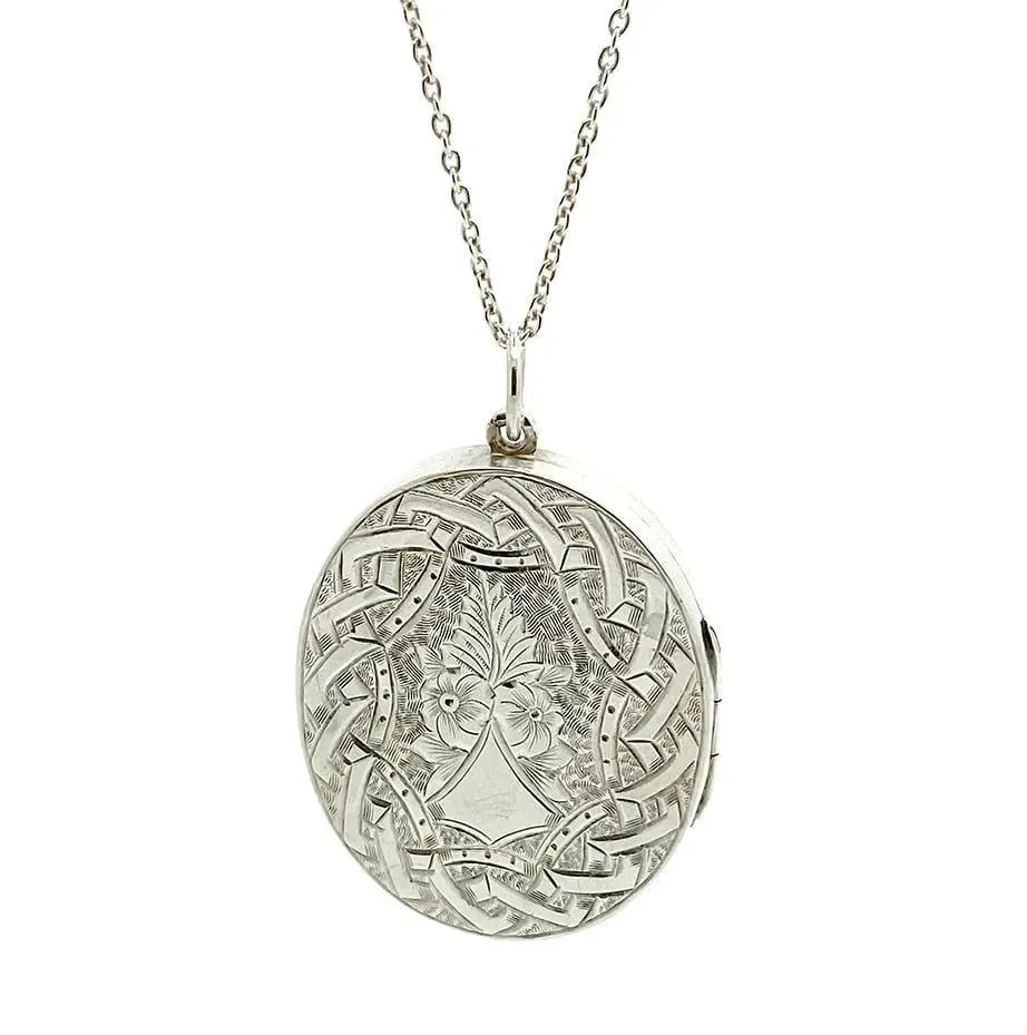 Antique Victorian Engraved Silver Locket Necklace