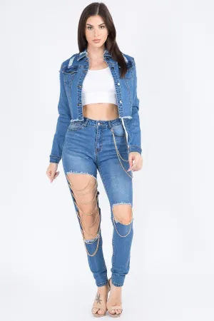 Anya Distressed Dark Blue Cropped Denim Jacket With Chains