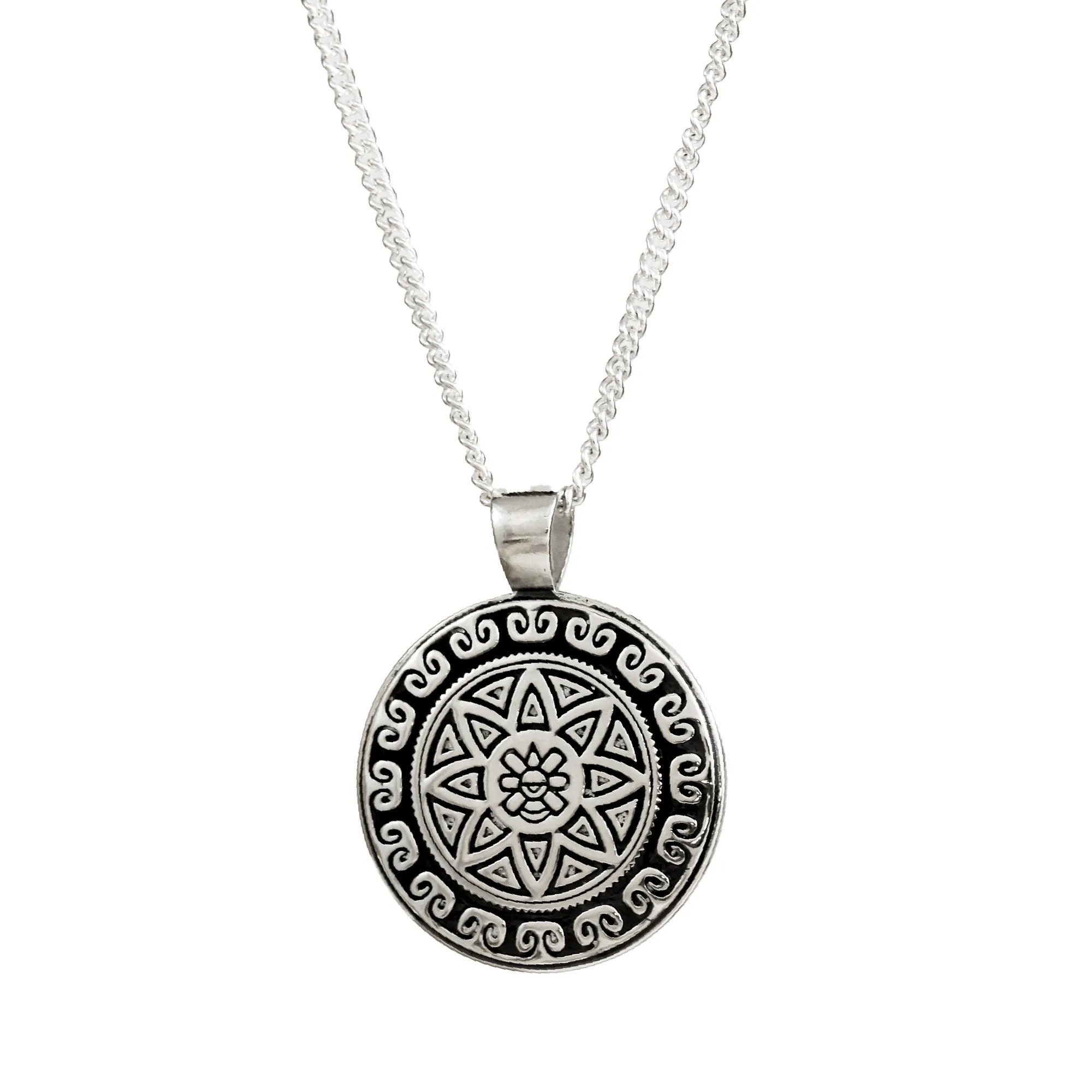 Aztec Ollin Travel Mandala Personalised Silver Necklace