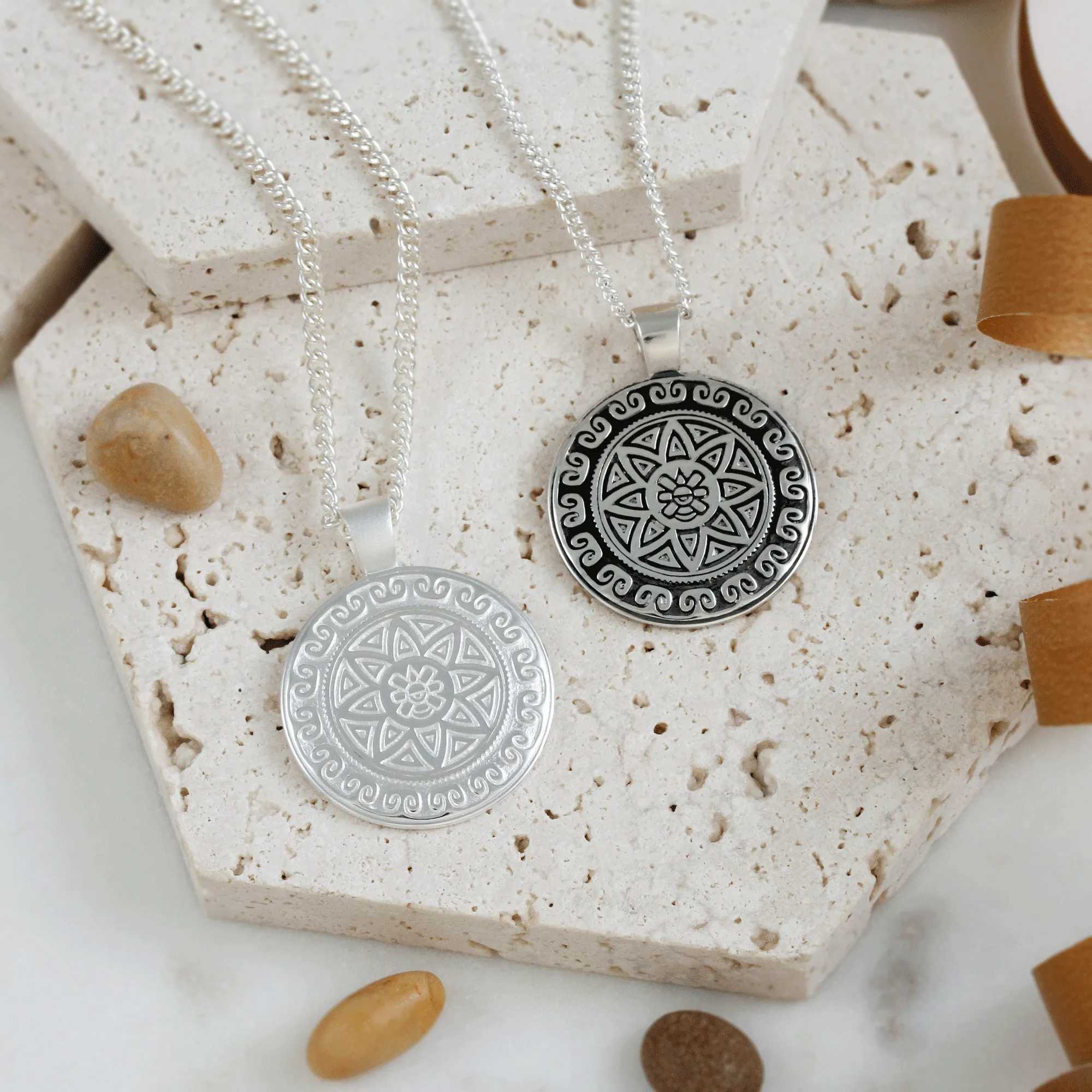 Aztec Ollin Travel Mandala Personalised Silver Necklace