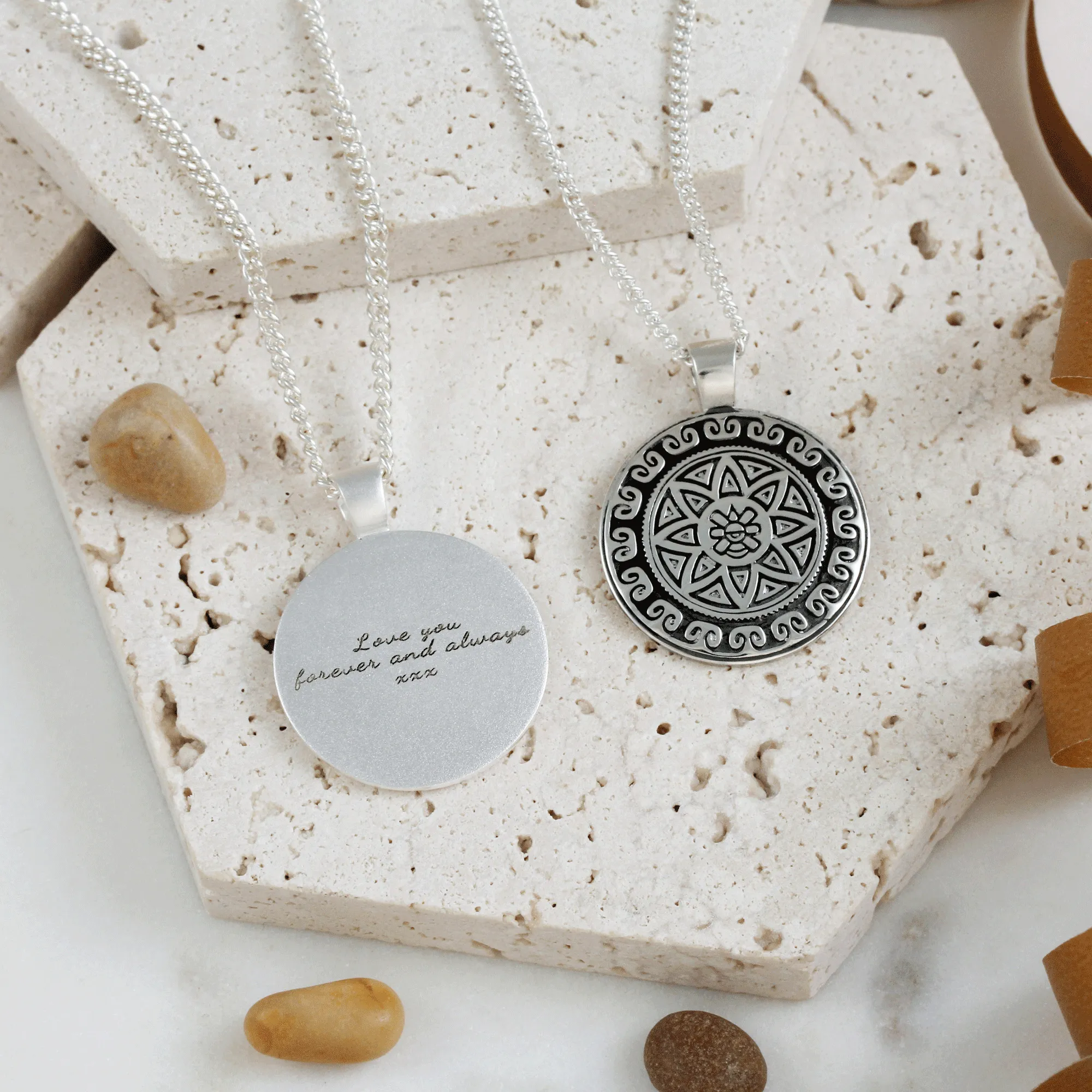 Aztec Ollin Travel Mandala Personalised Silver Necklace