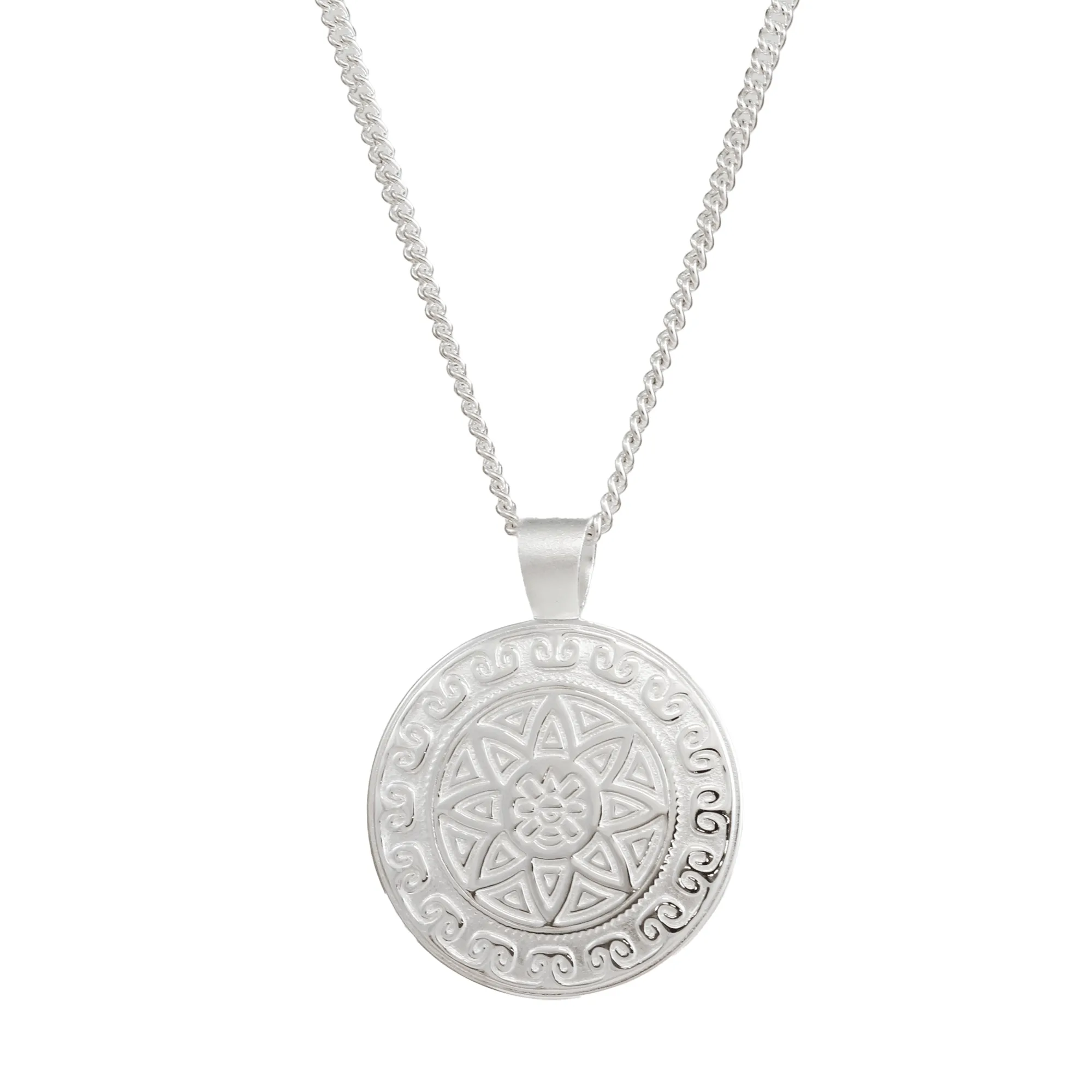 Aztec Ollin Travel Mandala Personalised Silver Necklace