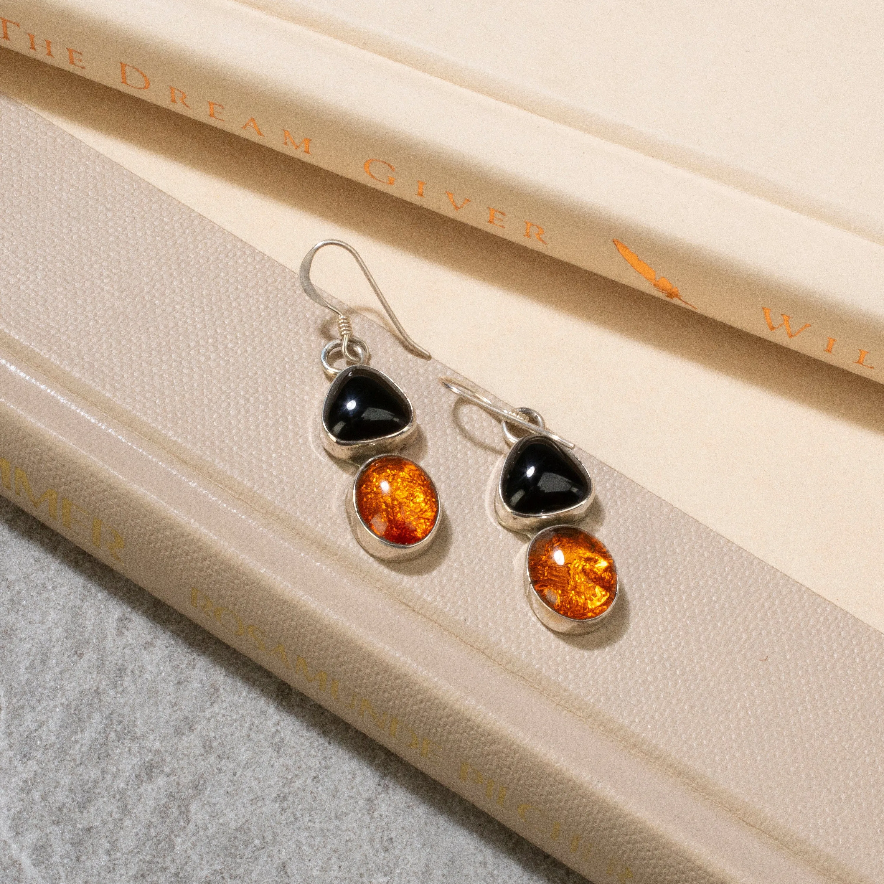 Baltic Amber & Black Onyx Navajo USA Native American Made 925 Sterling Silver Earrings with French Hook