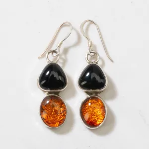 Baltic Amber & Black Onyx Navajo USA Native American Made 925 Sterling Silver Earrings with French Hook