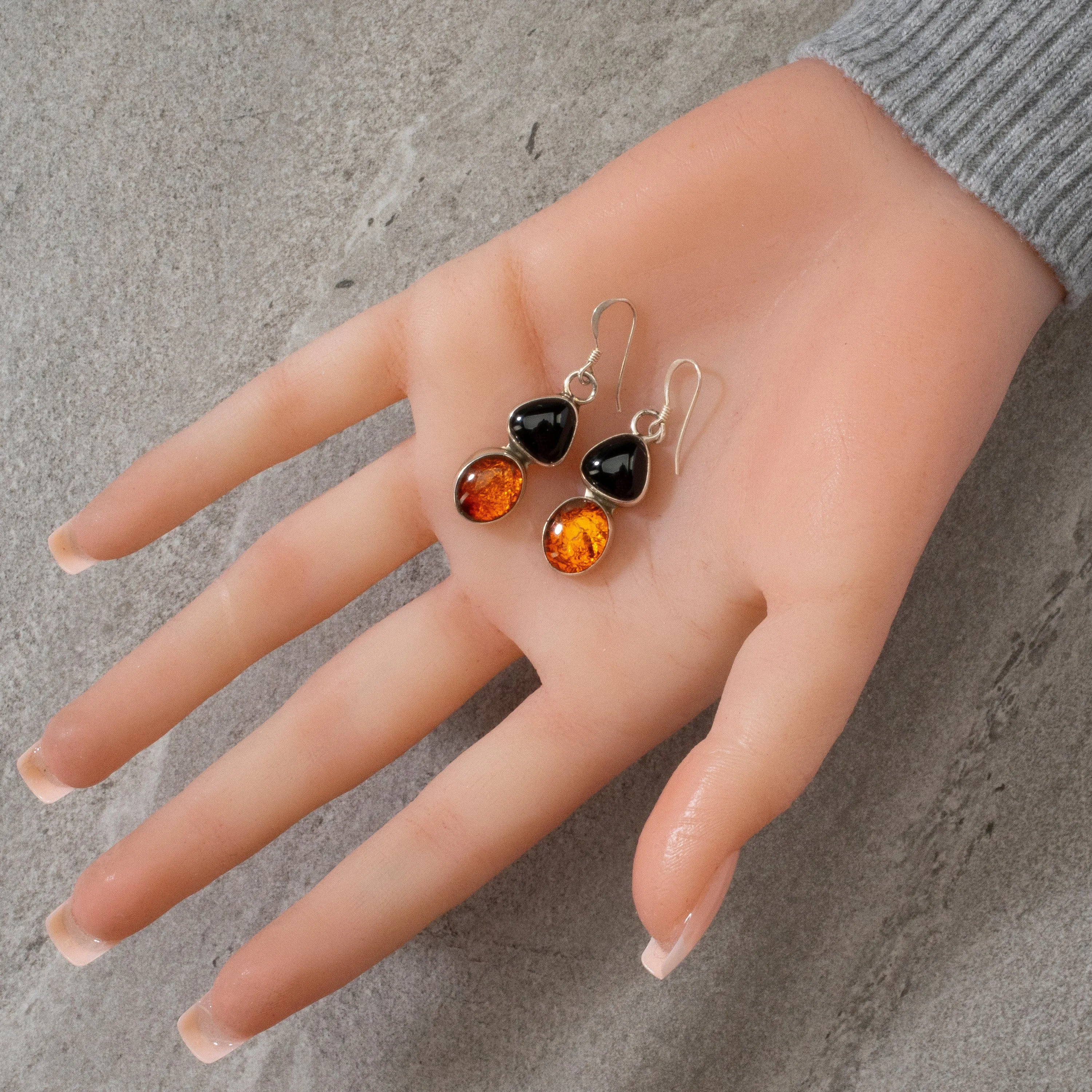 Baltic Amber & Black Onyx Navajo USA Native American Made 925 Sterling Silver Earrings with French Hook