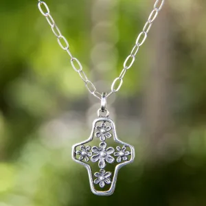 Blossoming Faith Tree of Life Style Silver Cross Necklace