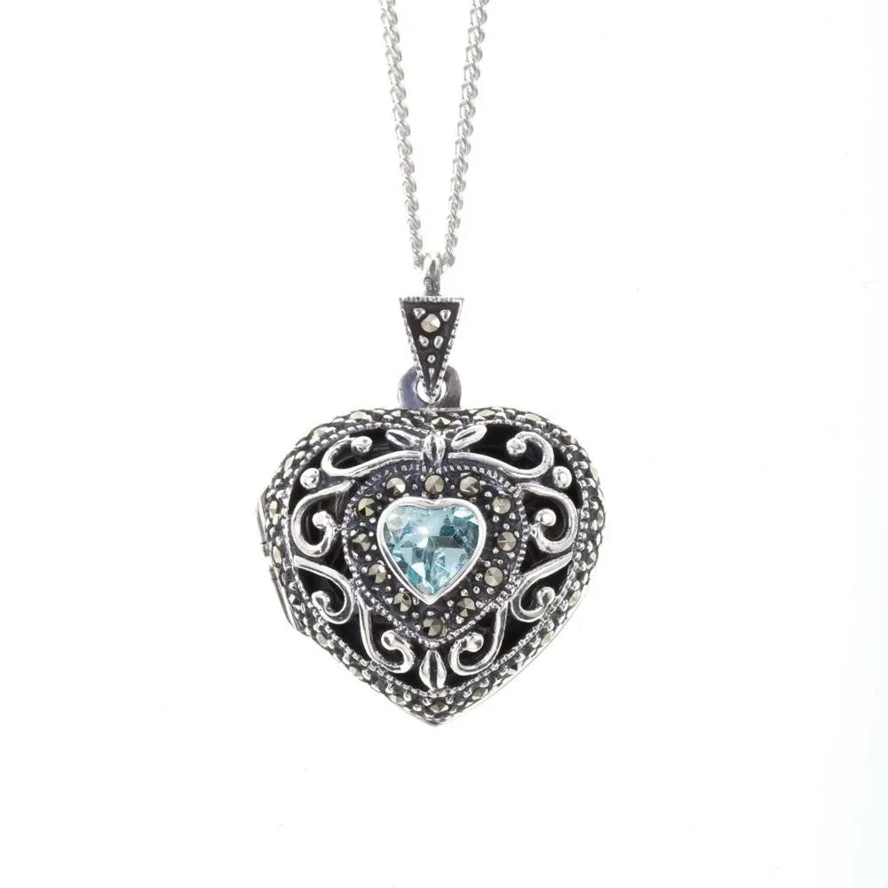 Blue Topaz Vintage Heart Locket | Silver