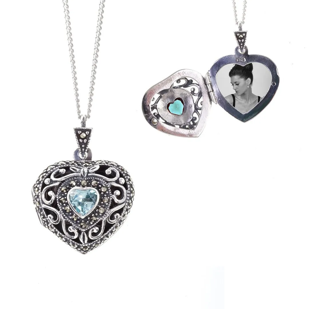 Blue Topaz Vintage Heart Locket | Silver