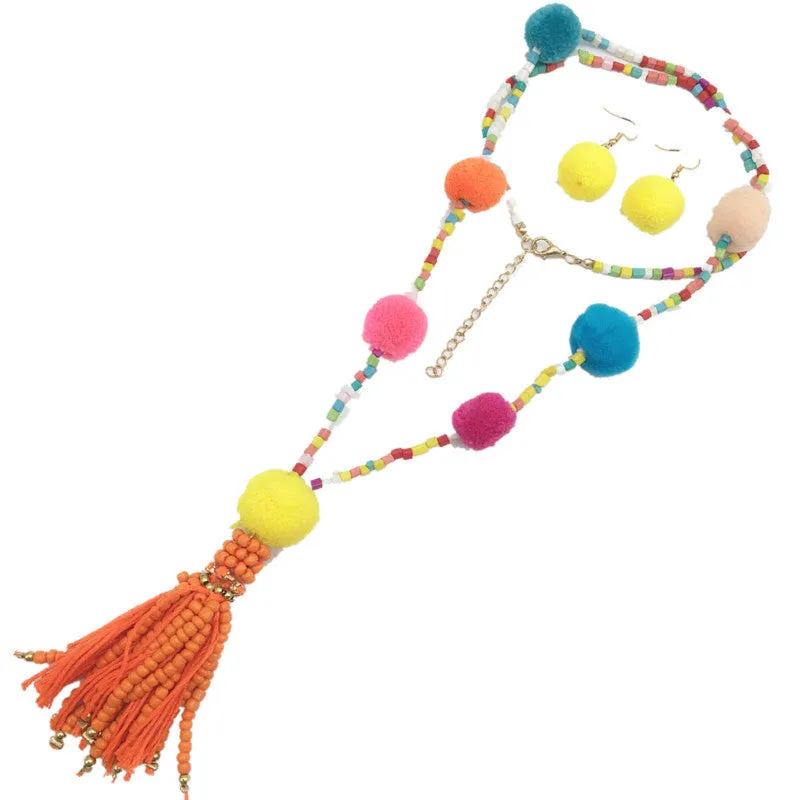 Bohemian Fluffy Tassel Necklace and Earrings Set