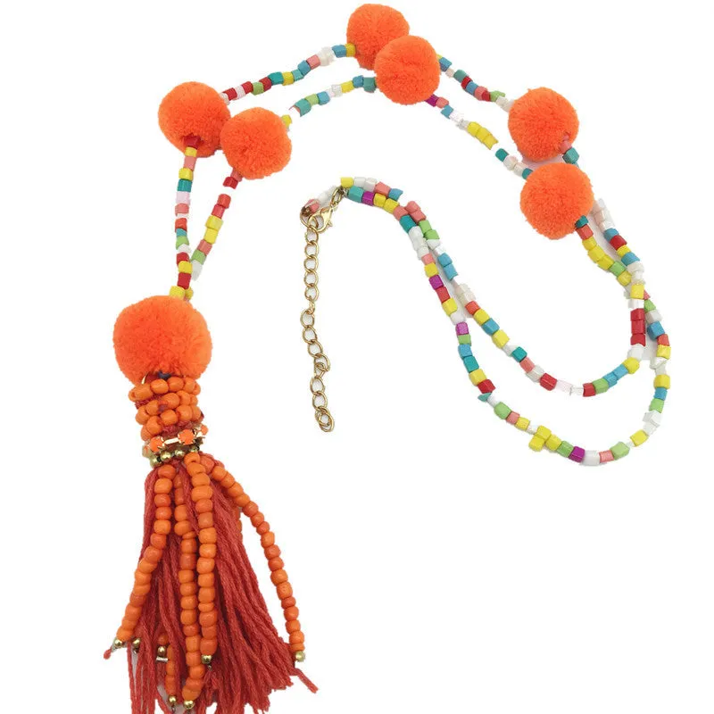 Bohemian Fluffy Tassel Necklace and Earrings Set