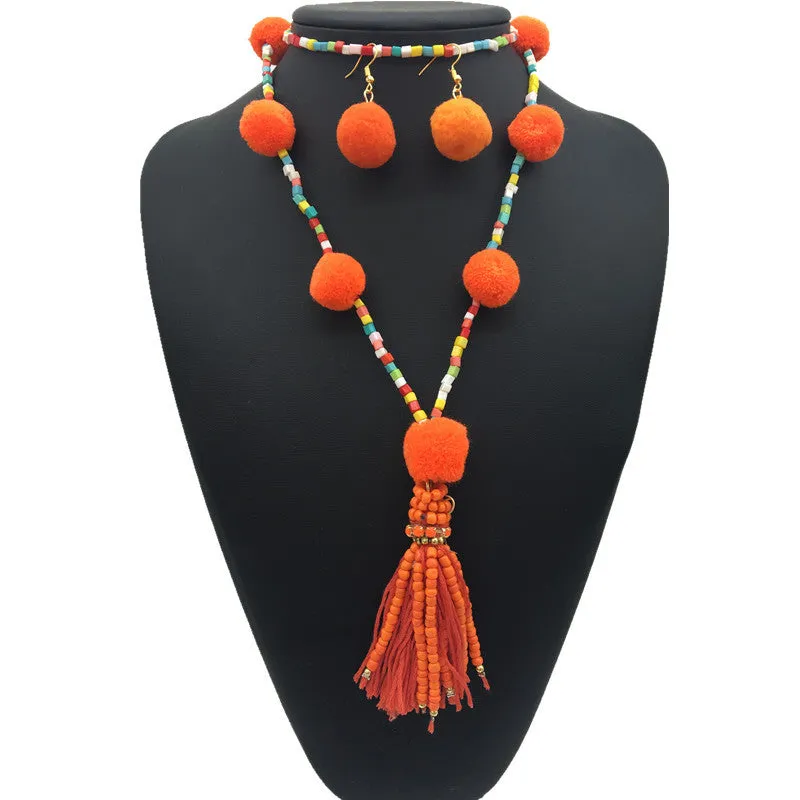 Bohemian Fluffy Tassel Necklace and Earrings Set