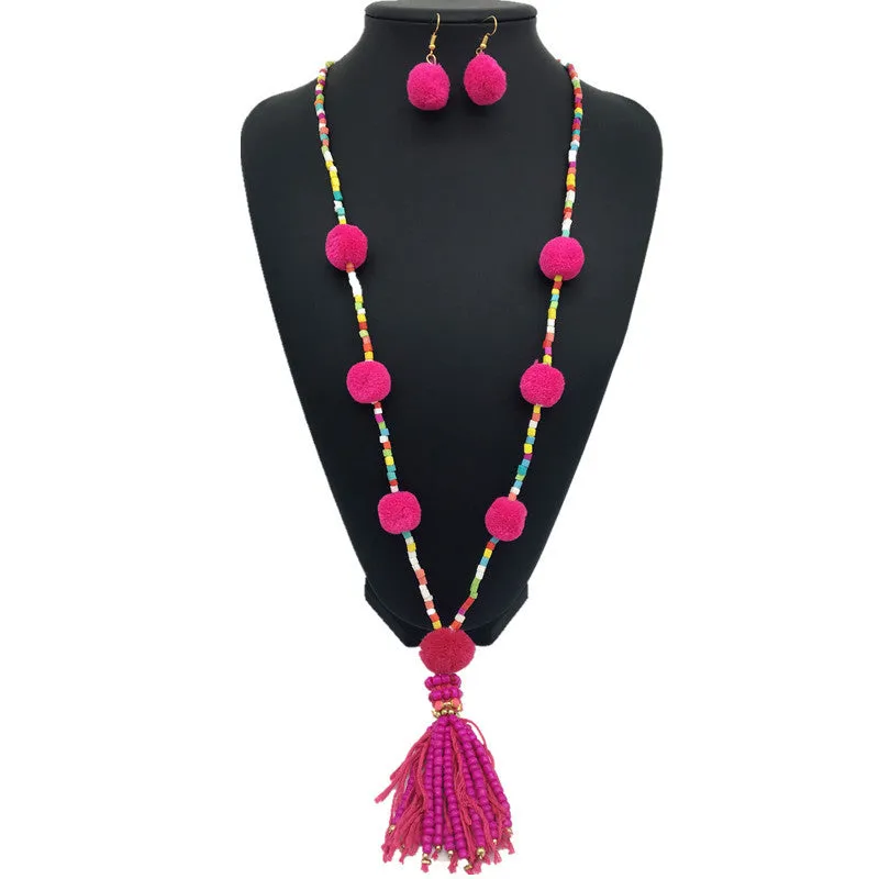 Bohemian Fluffy Tassel Necklace and Earrings Set