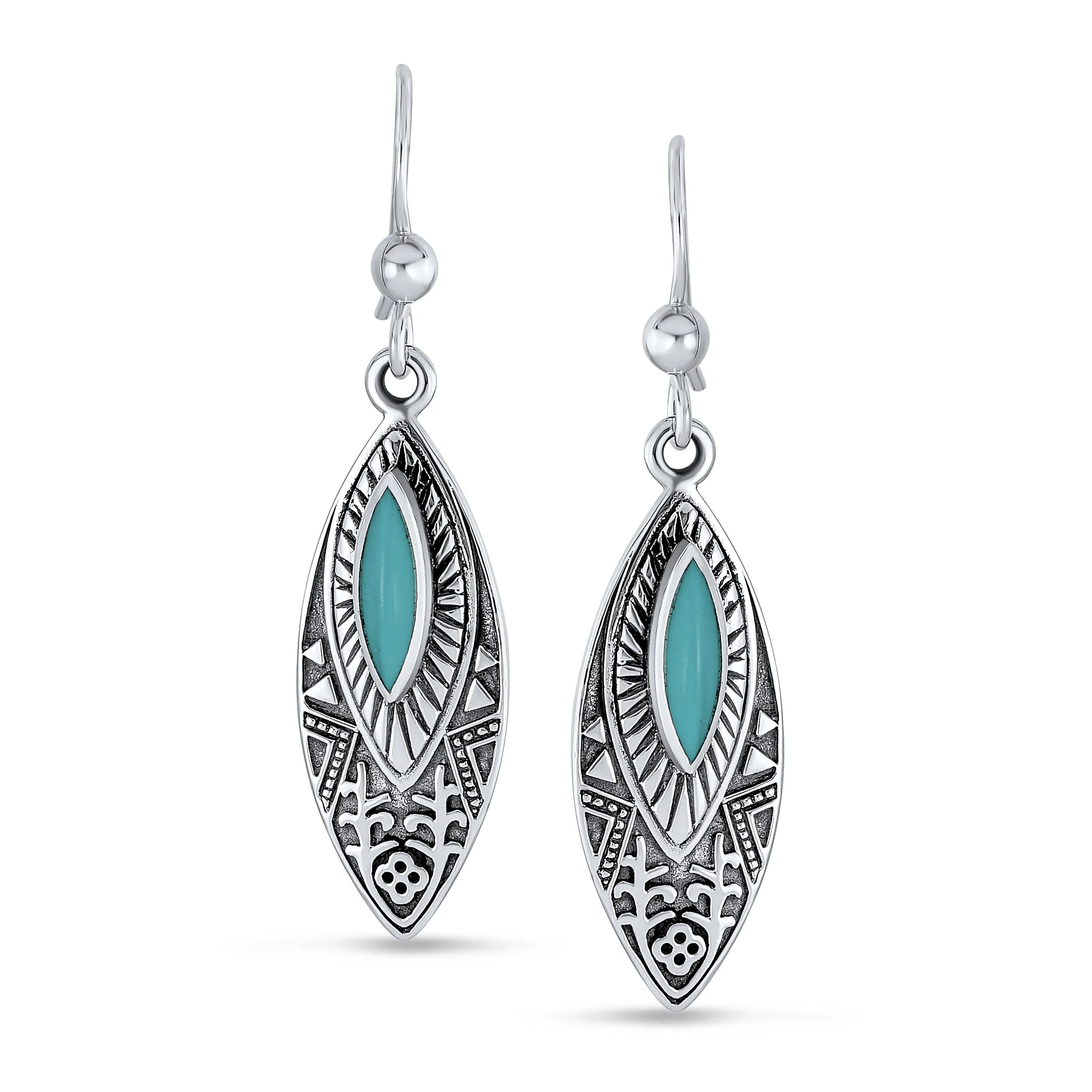 Boho Turquoise Leaf Feather Dangle Gemstone Earrings Sterling Silver Jewelry