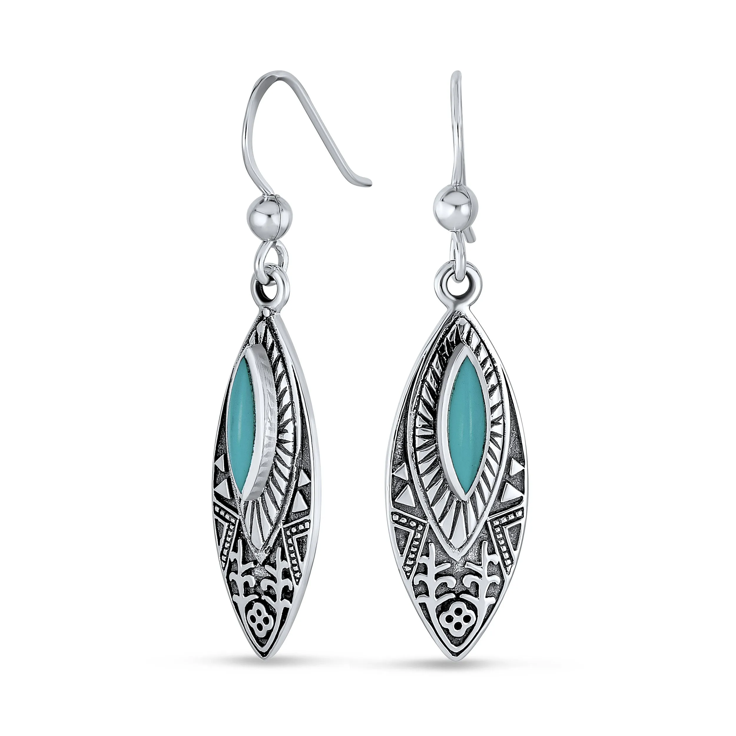 Boho Turquoise Leaf Feather Dangle Gemstone Earrings Sterling Silver Jewelry