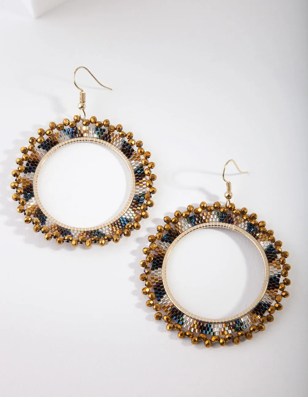 Brown Beaded Disc Hoop Earring