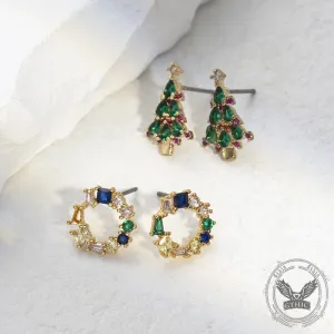 Christmas Tree Wreath Simple Zircon Copper Earrings