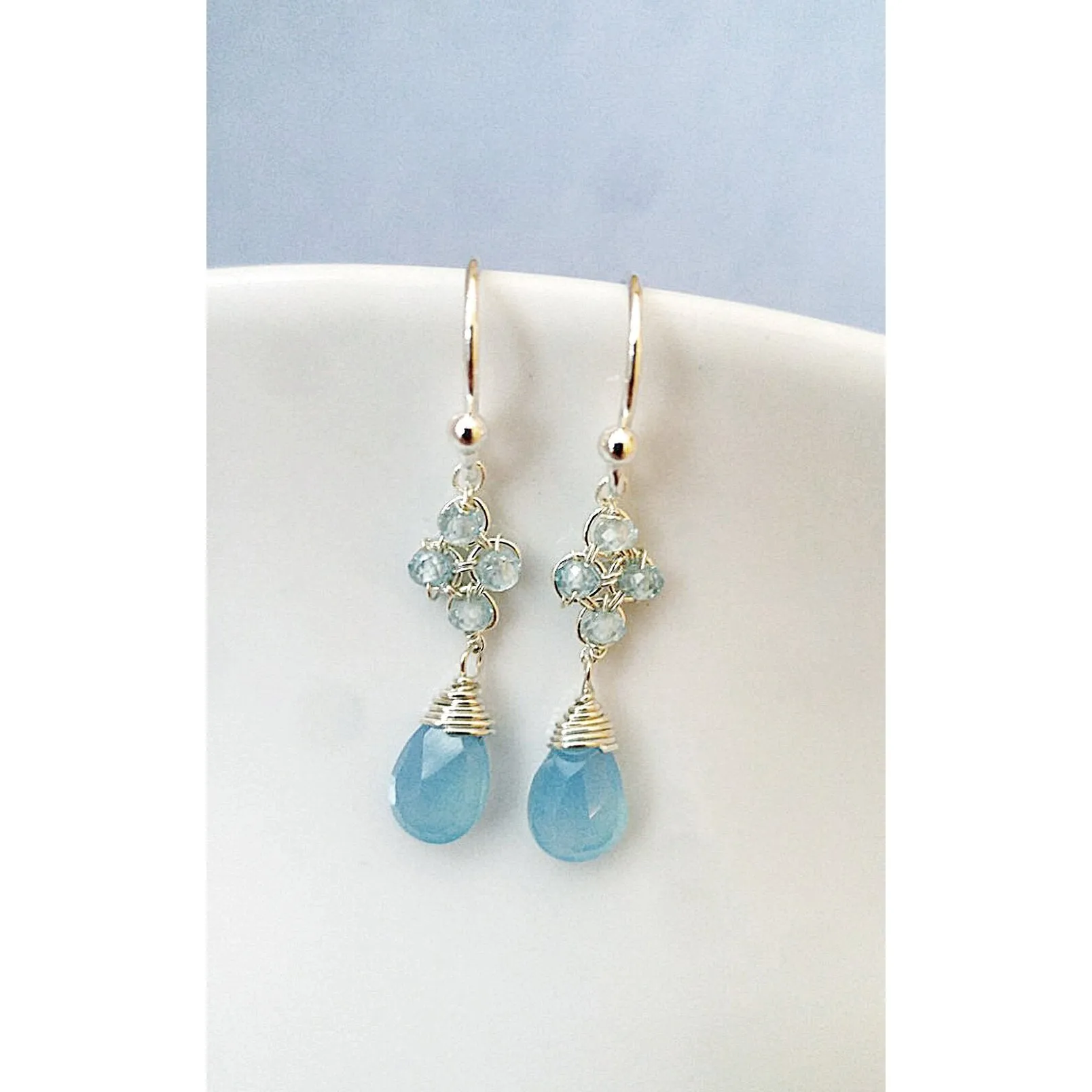 Clover Earrings 4715 with Natural Blue Zircons and Aqua Chalcedony Drops by Michelle Pressler Jewelry