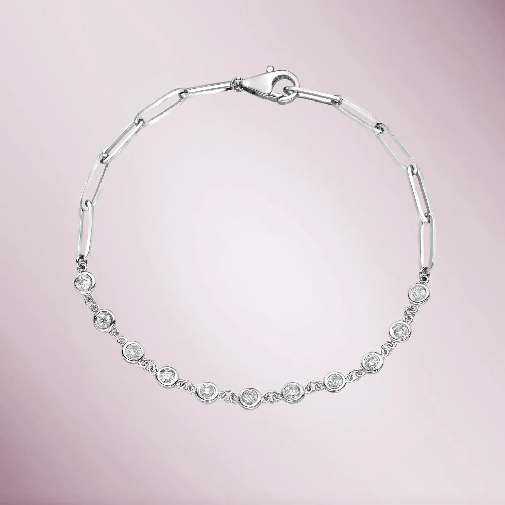 Diamond Station Bracelet With Half Paper Clip Chain (0.55 ct.) Bezel Set in 14K Gold