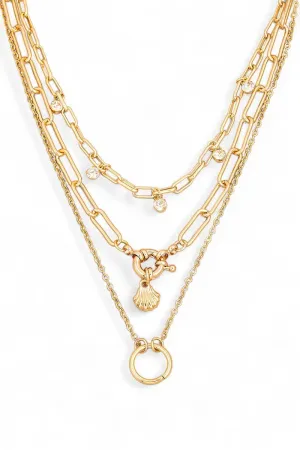 Double Chain Crystal Circle Charm Layered Necklace