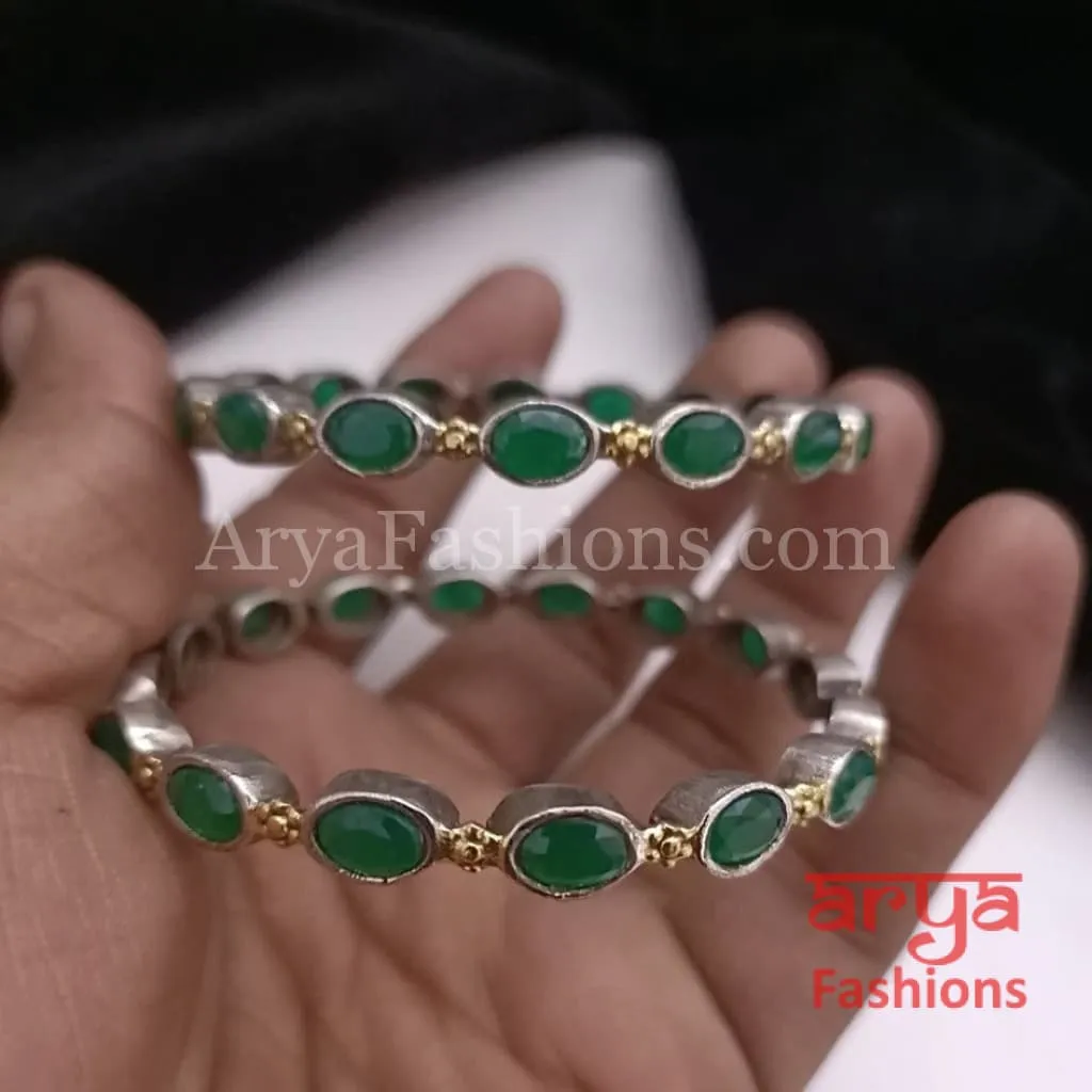 Dual tone bangles with Emerald Green stones, Pair of 2 Bangles