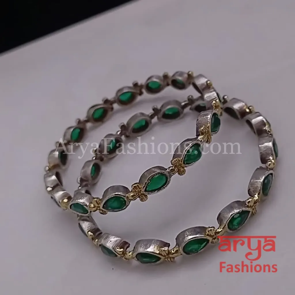 Dual tone bangles with Emerald Green stones, Pair of 2 Bangles