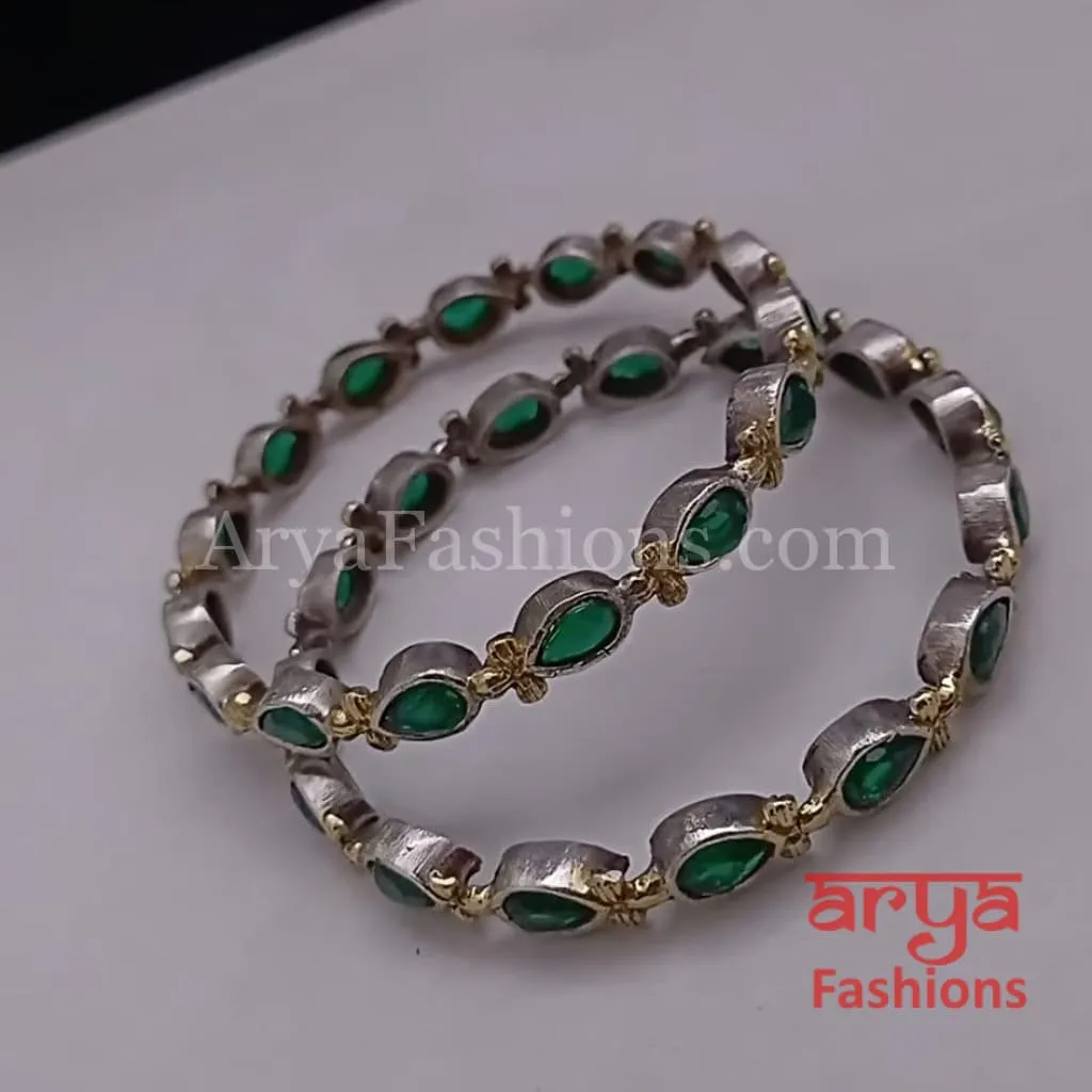 Dual tone bangles with Emerald Green stones, Pair of 2 Bangles