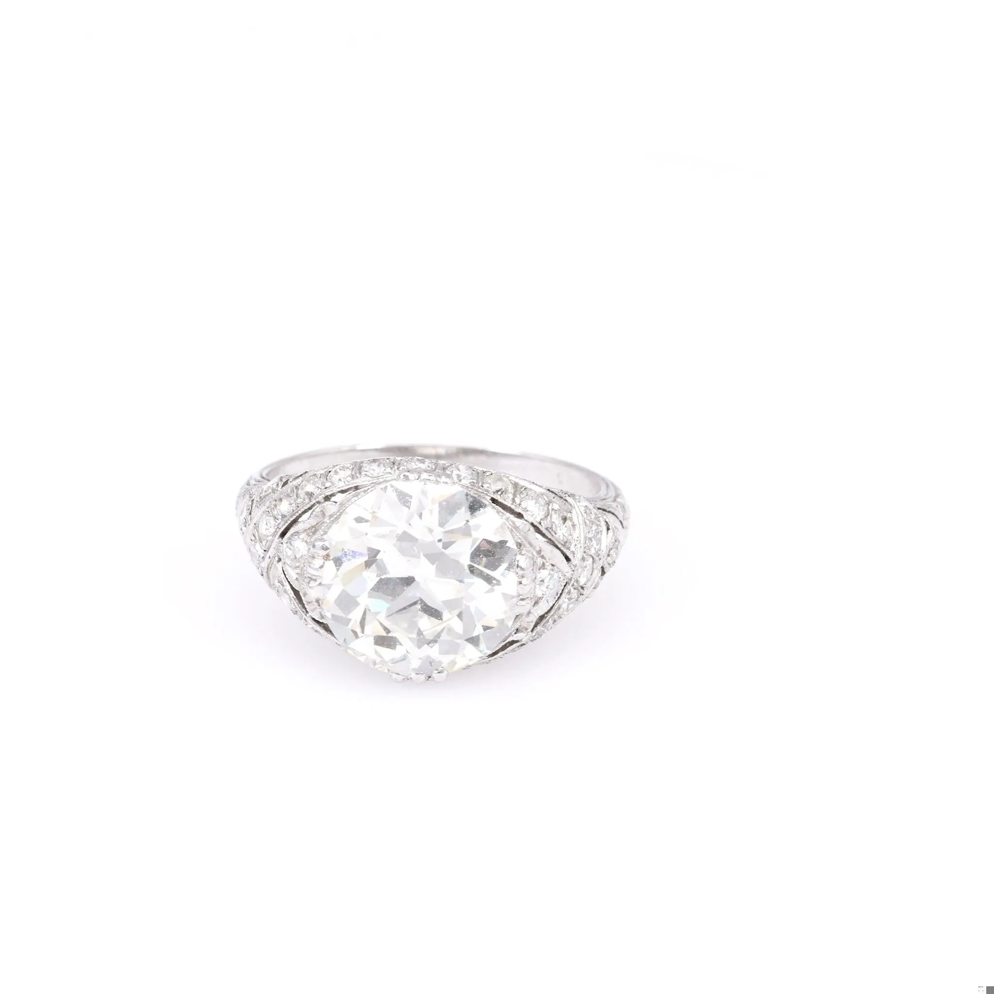 Edwardian GIA 4.14 Carat Old European Cut Diamond Platinum Filigree Ring